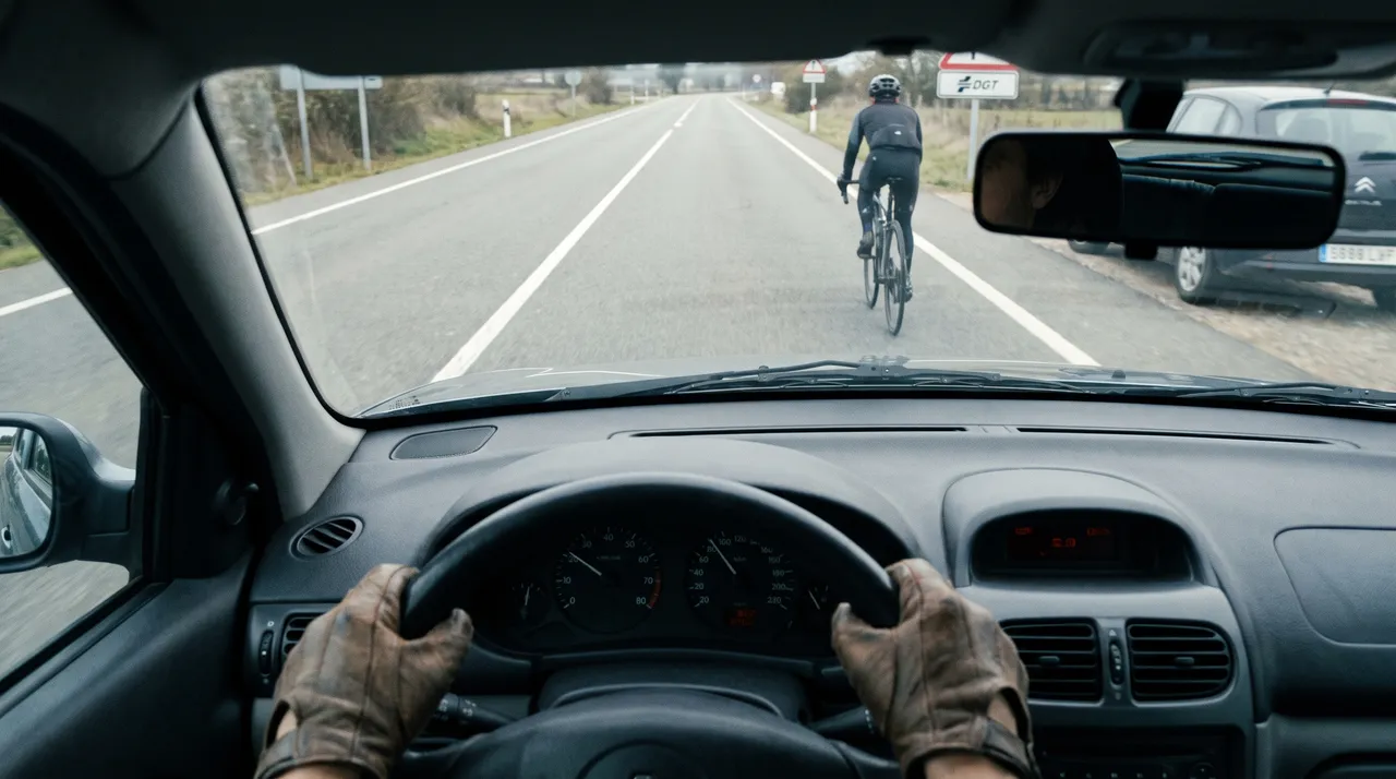 Un ciclista en una carretera convencional
